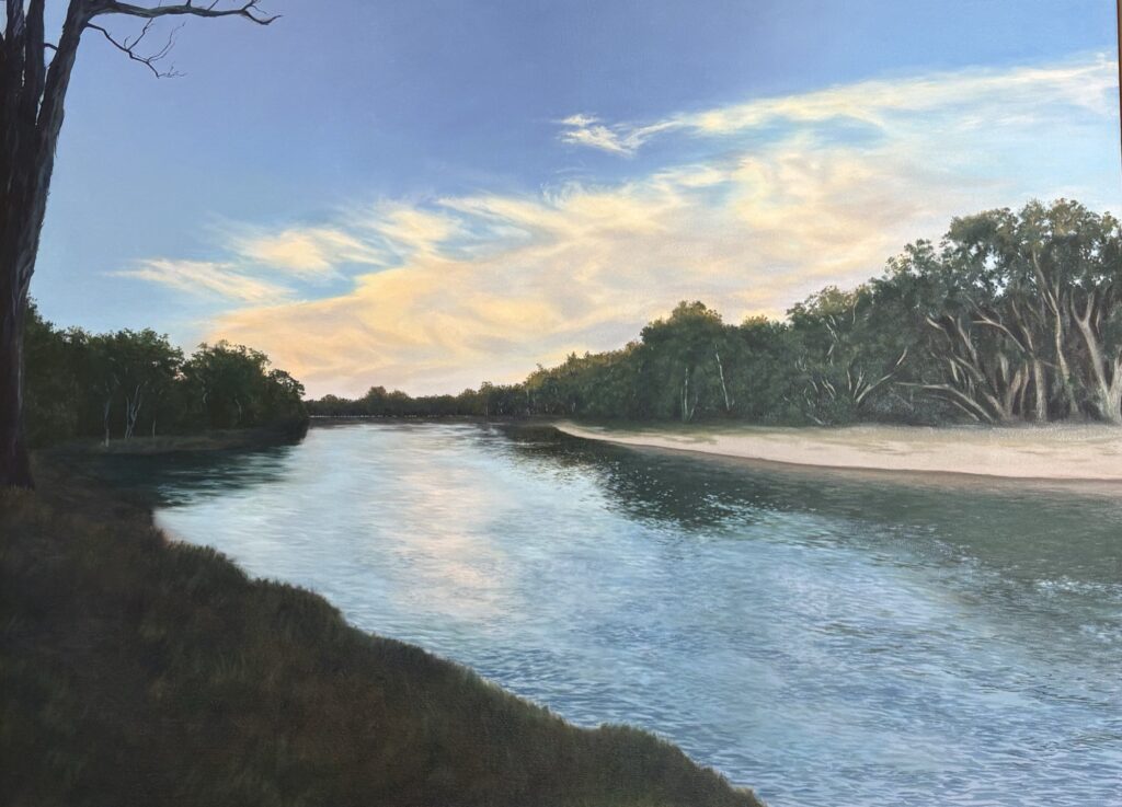 Oil painting of a wide river at dusk, gum trees along a sandy bank under a soft gold and blue sky
